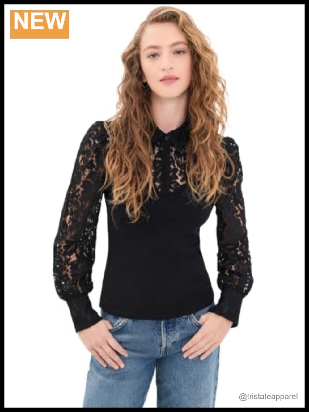Lace Combo Blouse Long Sleeve Collared Lightweight Stretch Jersey